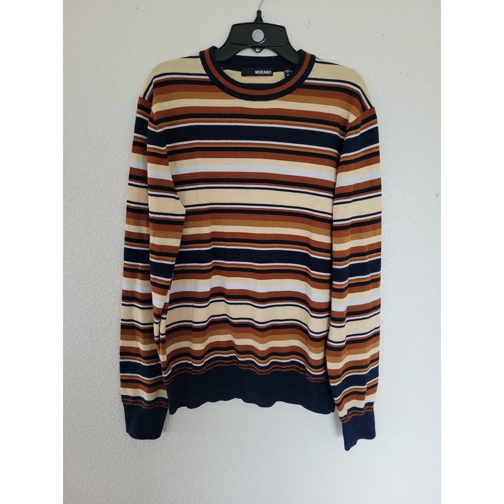 Murano Striped Crew Neck Long Sleeve Sweater Men's Size M Brown Tan Blue #17‎